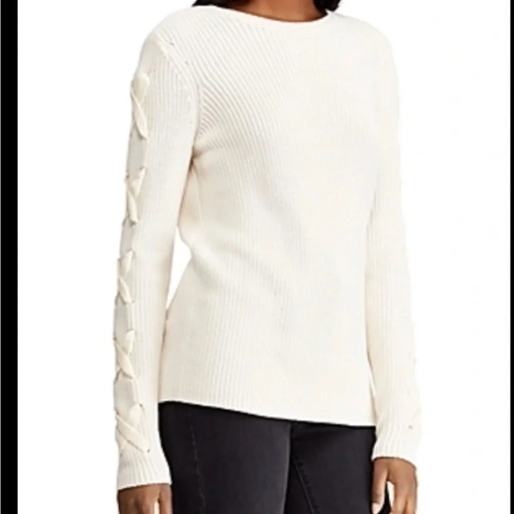 Lauren Ralph Lauren beige crew neck sweater with velvet lace up details medium